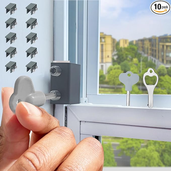 Window Locks,(10 Sets) Sliding Window Locks with Key,Window Locks Security for Up and Down Windows,Adjustable Aluminum Window Stopper,Easv to Install Vertical Window AC Unit Security Lock (Gray)