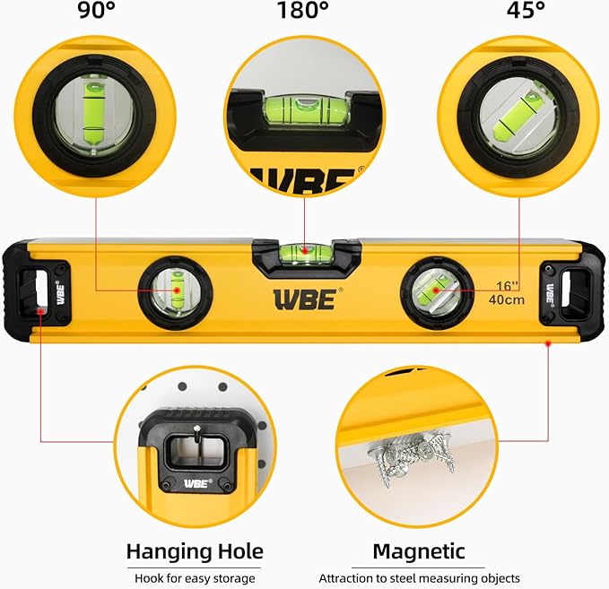 WBE 4-Piece Heavy Duty Torpedo Level Set, 12", 20", 40" Spirit Level with Magnetic, Shock-Proof Aluminum Alloy Levels with Carrying Bag, Bubble Vials Ruler for 45°/90°/180° Degree(4 PACK)
