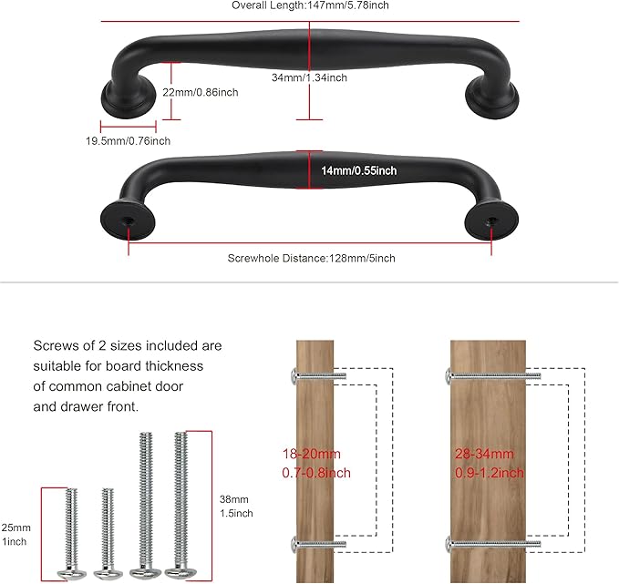 TUNNY 10 Pack Cabinet Handles-5"/128mm Screw Spacing Matte Black Furniture Hardware Handles for Kitchen Cabinets Bedroom Dresser Wardrobe Cabinet Pulls