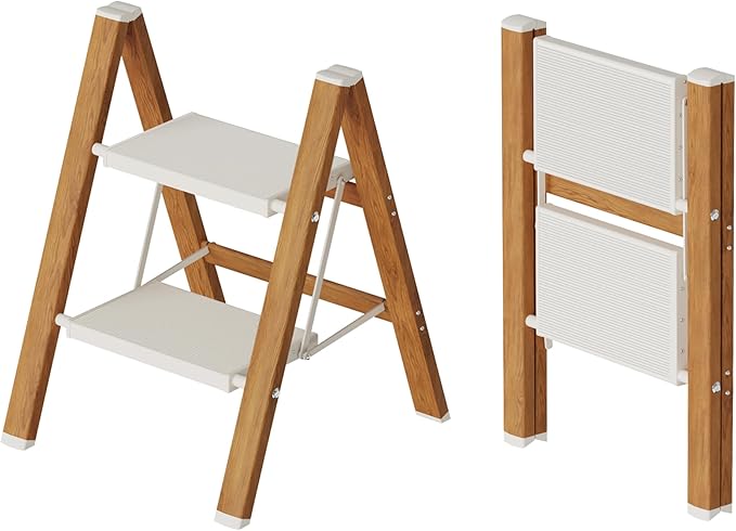 2 Step Lightweight Aluminum Folding Ladder, Portable Step Stool with Anti-Slip Pedals, 330 lbs Capacity for Home, Office, Kitchen（White&Woodgrain）