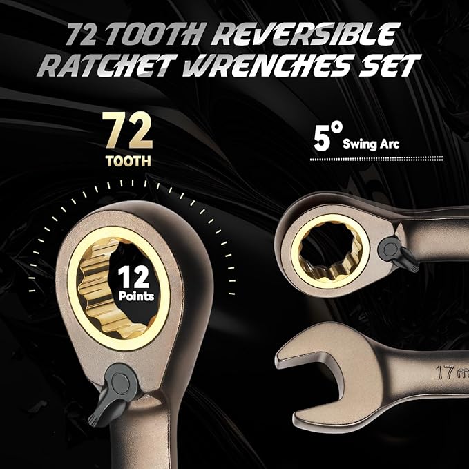 DISEN 12-Piece Reversible Ratcheting Wrench Set, Combination Wrench Set Metric 8-19MM, 72-Tooth, CR-V Steel, Nickel Plating, Crank Design with Organizer Rack