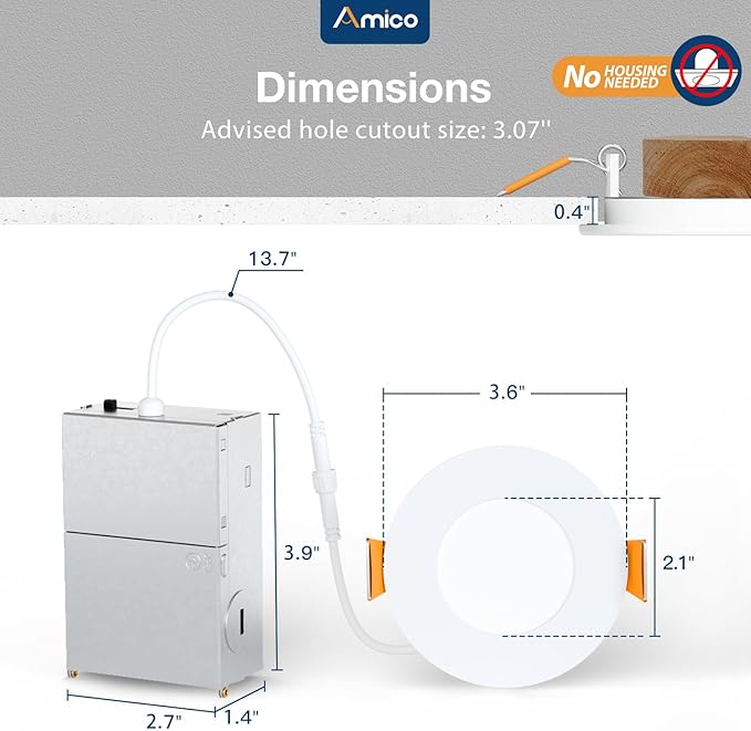 Amico 24 Pack 3 Inch 5CCT Ultra-Thin LED Recessed Ceiling Light with Junction Box, 2700K/3000K/3500K/4000K/5000K Selectable, 7W Eqv 60W, Dimmable Canless Wafer Light, 500LM High Brightness, ETL&FCC