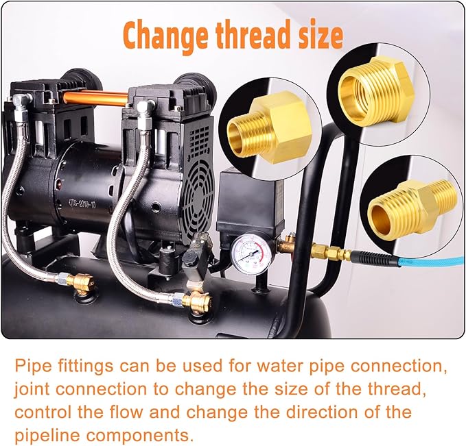 GASHER 15PCS Brass Pipe Fitting, Hex Bushing, Reducer Adapter, Reducing Hex Nipple 1/2 Inch NPT x 1/4 Inch NPT