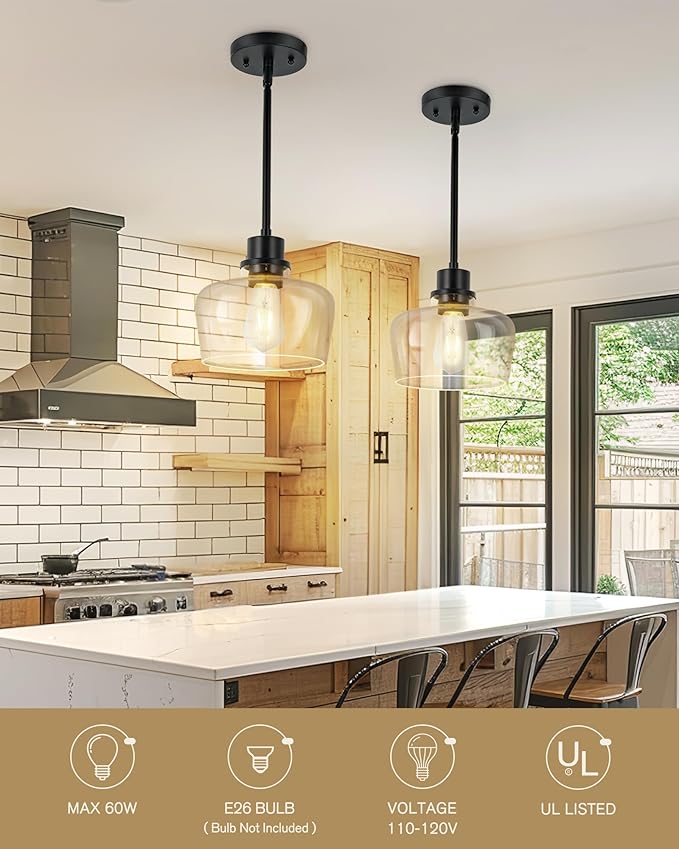 Emak 2 Pack Pendant Lights Kitchen Island, 8 Inch Black Pendant Light Fixtures with Clear Glass Shade, Modern Farmhouse Island Lights for Kitchen, Dining Room, Bar, PL122-BK-CG-2PK