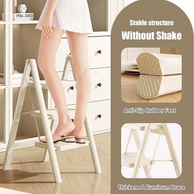 3 Step Ladder, Step Stool for Adults, Protable Carbon Steel Folding Stool with Wide Anti-Slip Wide Pedals, 330lbs Sturdy Steel Ladder for Household and Kitchen