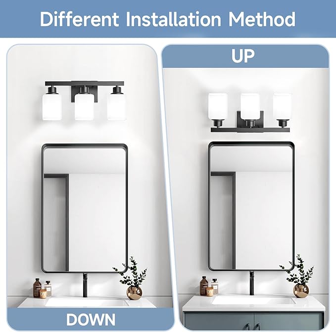 3-Light Bathroom Vanity Light,Modern Matte Black Bathroom Light Fixtures with Square Frosted Glass,Wall Sconces Lighting fixtures Over Mirror Restroom, Living Room Hallway