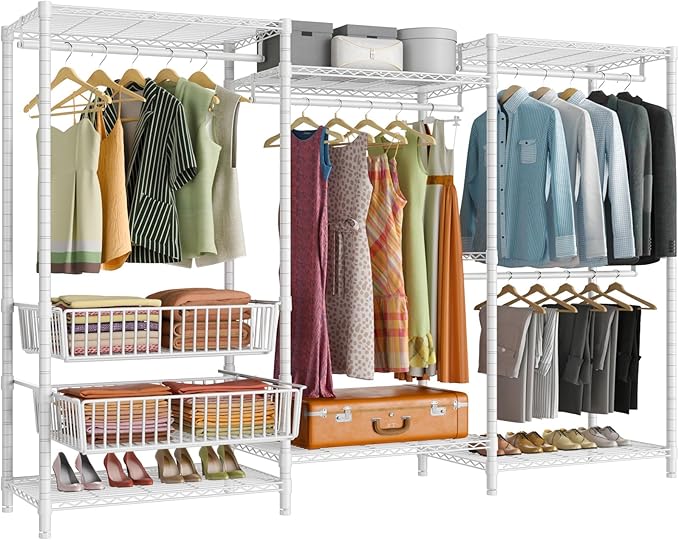 VIPEK V10 Wire Garment Rack 5-Tiers Heavy Duty Clothes Rack Large Size Clothing Rack with 4 Hanging Rods, 6 Wire Shelves and 2 Slid Baskets, 68.9" W x 15.7" D x 76.4" H, Max Load 920 LBS, White