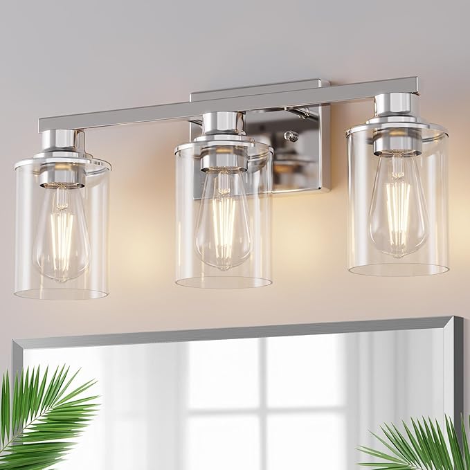 DORESshop 20 Inch Bathroom Light Fixtures, 3-Light Chrome Bathroom Lighting Fixtures Over Mirror with Clear Glass Shade, Vanity Lights for Living Room Bedroom