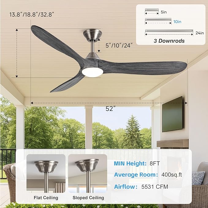 52 inch Ceiling Fan with Light, Outdoor Ceiling Fans for Patios 3 Blade Dimmable Solid Wood Ceiling Fan with Lights, Farmhouse Propeller Ceiling Fans for Indoor, Porch, Exterior, DC Motor