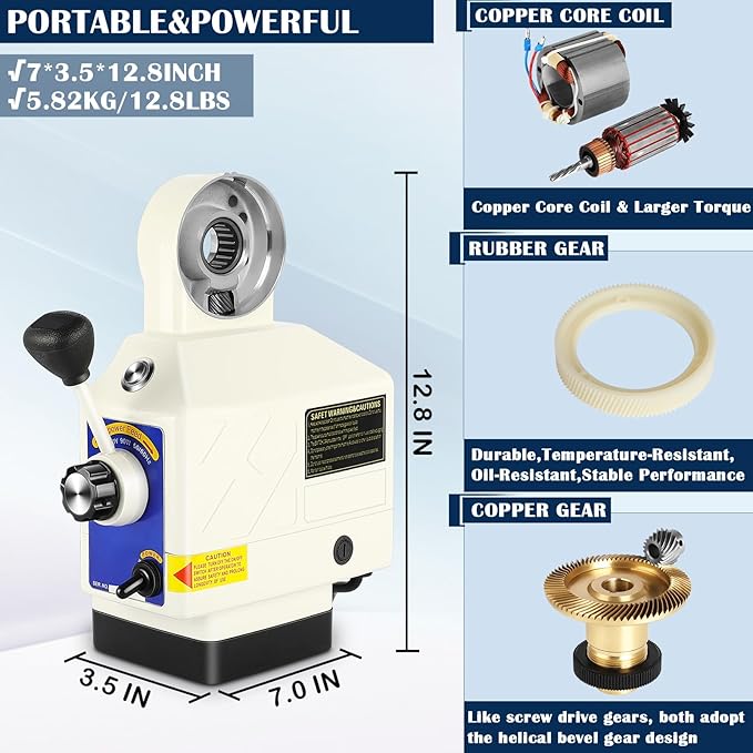 FAHKNS Z-Axis Power Feed for Milling Machine 450 in-lb Torque 0-200RPM Table Milling Machine Power Feeder 110V for Bridgeport and Similar Knee Type Milling Machines(5/8" Diameter Shaft)