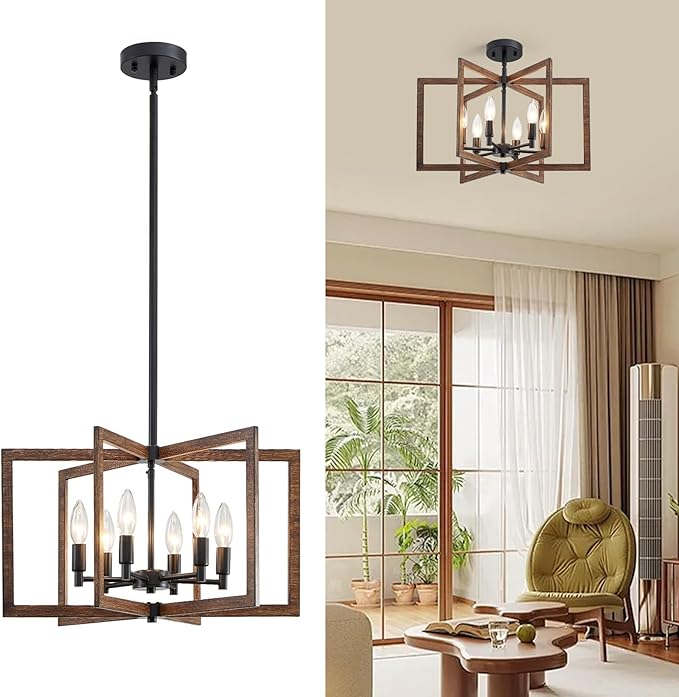 Modern Farmhouse Chandelier, 20'' Black and Wood Grain Dining Room Light Fixture, Geometric Pendant Light for Living Room Kitchen Bedroom Hallway, 6-Light Adjustable Hanging Chandelier Lamp