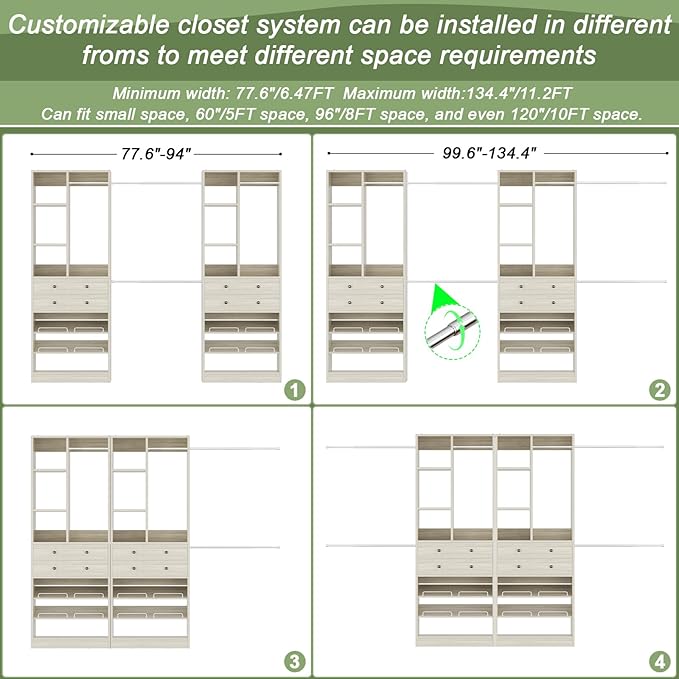Closet System, Up to 134"/11.2 FT Closet Organizer with 4 Wooden Drawers and Shelves, Walk-in Closet System with 6 Hanging Rods, Built-in Closet Can Fit 96"/8FT, 120"/10FT, Greige Oak