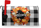 Fall Welcome Mailbox Covers Magnetic Standard Size Autumn Pumpkin Buffalo Plaid Mailbox Cover Post Box Wrap Outdoor Decor for Garden Yard 21x18 Inch