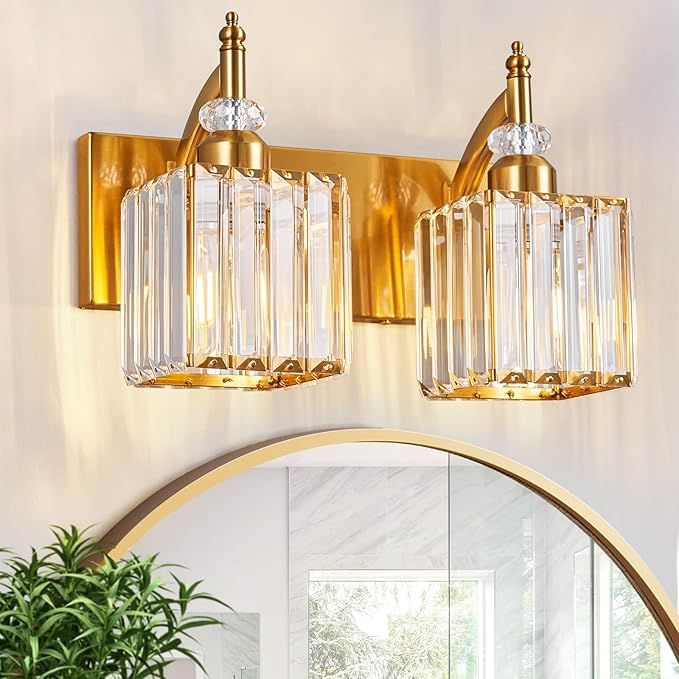 Crystal Vanity Lights Gold 2 Light Bathroom Light Fixtures Over Mirror Modern Vanity Light for Bathroom