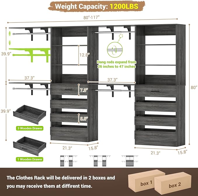 Aheaplus Closet System with 8 Wooden Drawers, Wood Closet Organizer System with Tower, Walk-in Closet Organizer Wardrobe Clothes Rack with 4 Hanging Rods, Garment Rack, Cut to Fit 7-12Ft, Black Oak1