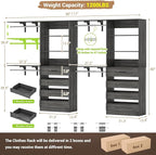 Aheaplus Closet System with 8 Wooden Drawers, Wood Closet Organizer System with Tower, Walk-in Closet Organizer Wardrobe Clothes Rack with 4 Hanging Rods, Garment Rack, Cut to Fit 7-12Ft, Black Oak1