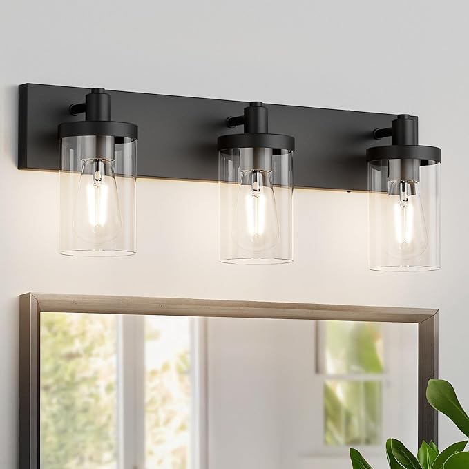 Aipsun Black Vanity Light for Bathroom 3 Light Farmhouse Bathroom Lights Fixtures Over Mirror with Clear Glass Shade(Exclude Bulb)