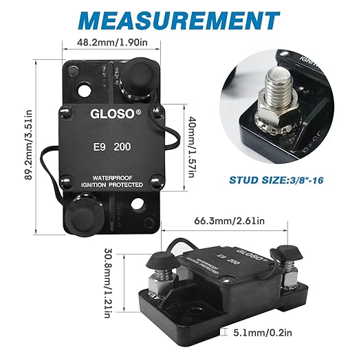 GLOSO Circuit Breaker Car Truck RV Automotive Marine Boat E91 Auto Reset 200A Extended Surfacce Mount Waterproof IP67 Automotive Truck Hi-Amp (3/8" Stud, 200A)