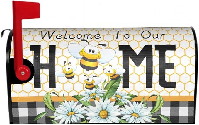 Summer Bee Buffalo Plaid Mailbox Cover Spring Daisy Floral Mailbox Cover Magnetic Standard Size 21" x 18" Farmhouse Rustic Welcome To Our Home Mail Box Covers Garden Yard Home Decor for Outdoor