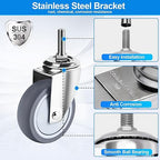 Stainless Steel Caster Wheels 4 inch, 3/8"-16x1 Threaded Stem Locking Casters Set of 4, Non-Marking Slient TPR Rubber Wheels for Furnitures,Restaurants,Labs,Hospital