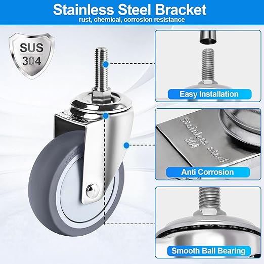 Stainless Steel Caster Wheels 4 inch, 3/8"-16x1 Threaded Stem Casters Set of 4, Non-Marking Slient TPR Rubber Wheels for Furnitures,Restaurants,Labs,Hospital