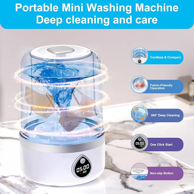 Portable Washing Machine, 1.5L Underwear Washer Rechargeable Cordless Makeup Sponges Cleaner Deep Clean Socks, Underwear, Baby Clothes, Washing Machine for Apartment, Dorm, Camping(White)