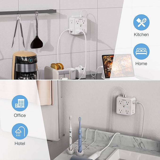 Surge Protector 8 Outlet Extender, TESSAN Multi Outlet Splitter with 3 USB Wall Charger (1 USB C Port), 3-Sided Multiple Plug Power Strip 1700J, Charging Station for Home Office Dorm Room (Pack of 2)