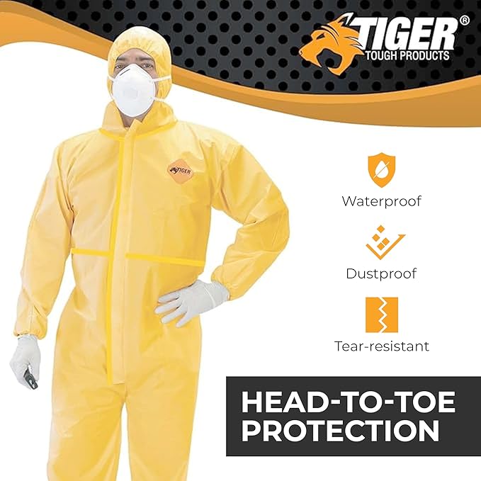 Tiger Tough Chemical Protection Coveralls, Yellow Disposable Hazmat Suit for Men & Women with Hood & Zipper