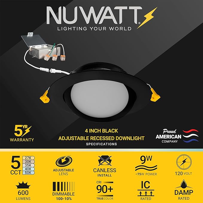 NUWATT Black 4 Inch Gimbal LED Recessed Lighting, 2700K/3000K/3500K/4000K/5000K Selectable, 630LM, Dimmable, Damp Rated, Adjustable Lens Canless Lights for Sloped Ceiling, Metal Junction Box, 6 Pack