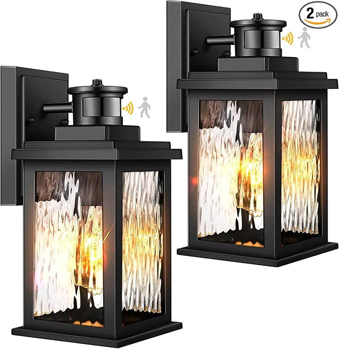 VIANIS Motion Sensor Exterior Lights for House, 2 Pack Dusk to Dawn Porch Lights Sconce Outdoor, Moden Black Outdoor Sconce Lights Lantern with Tempered Glass for Garage, Patio, Waterproof