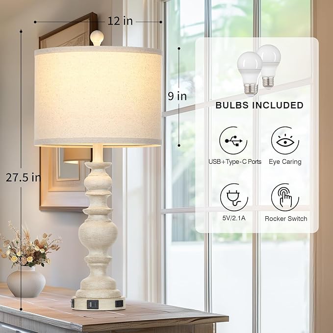 27.5" Farmhouse Table Lamps Set of 2, Rustic Living Room Lamps with USB C+A Ports & AC Outlet, Vintage Bedside Lamps with Linen Shade, Tradition Bedroom Lamps for Nightstand Side End Table Desk, Beige