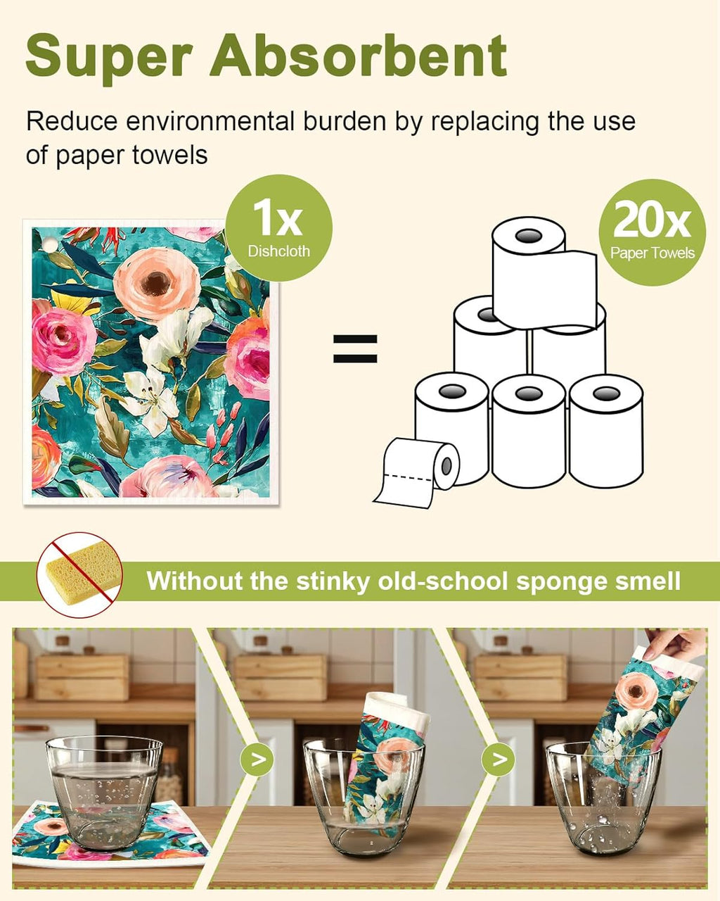 6 Pack Swedish Dishcloths for Kitchen - Reusable Dish Cloths for Washing Dishes Absorbent Cute Funny Kitchen Towels Cleaning Sponge, Floral Bird