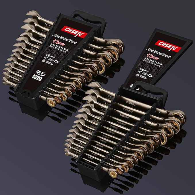 DISEN 13pcs 90-Teeth Ratchet Wrenches Set, Fixed Head Metric Ratcheting Wrench Set 6, 8, 9, 10, 11, 12, 13, 14, 15, 16, 17, 18, 19MM, Cr-V Constructed, Nickel Plating with Organizer