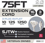 Iron Forge Cable Weatherproof 75 Ft Outdoor Extension Cord with 3 Outlets - 16/3 SJTW Heavy Duty Beige Extension Cord 3 Prong - 10 Amp Power Cable