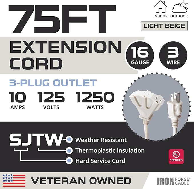 Iron Forge Cable Weatherproof 75 Ft Outdoor Extension Cord with 3 Outlets - 16/3 SJTW Heavy Duty Beige Extension Cord 3 Prong - 10 Amp Power Cable