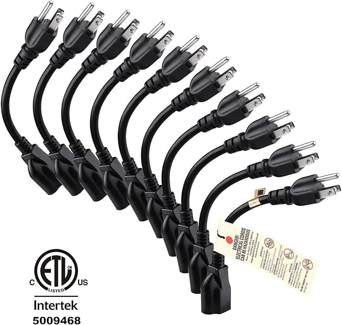 [ETL Listed] Miady Short Power Extension Cord Outlet Saver, 16AWG/13A, 3 Prong (10 Pack, Black, 8 Inch)