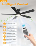 52 Inch Black Ceiling Fan with Light with Remote Control, Large Air Volume, modern ceiling fan with light for Bedroom Kitchen Dining room Patio- Flush Mount