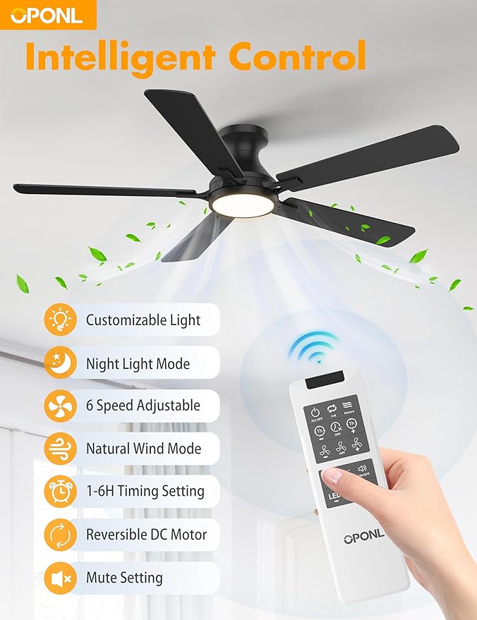52 Inch Black Ceiling Fan with Light with Remote Control, Large Air Volume, modern ceiling fan with light for Bedroom Kitchen Dining room Patio- Flush Mount