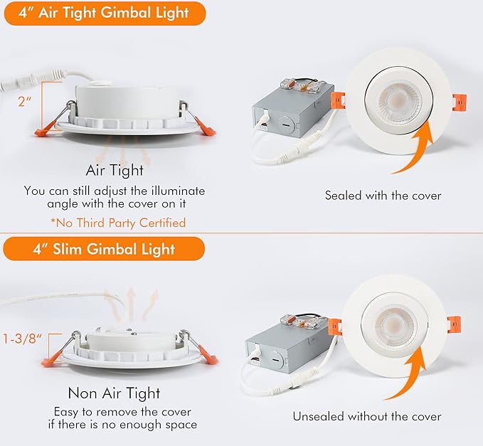 CLOUDY BAY Eyeball 4 inch 5 Color Gimbal LED Recessed Light with Junction Box, 9.5W CRI90+ 2700K/3000K/3500K/4000K/5000K Selectable,Dimmable, Canless Recessed Spotlights, Damp Rated, White,Pack of 6