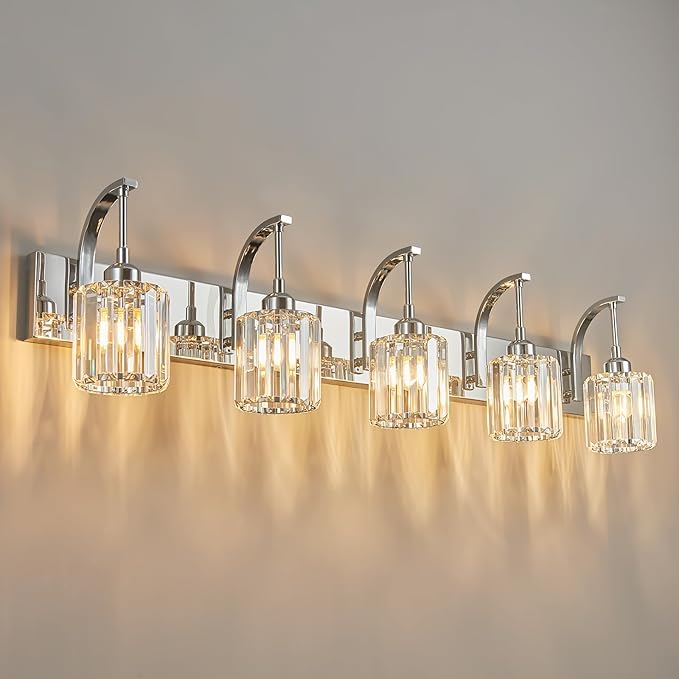 5-Light Crystal Vanity Light, Modern Chrome Bathroom Wall Sconce with K9 Crystal Shades, 42.51" Long Over Mirror Lighting for Vanity, Makeup, Hallway, Elegant & Easy Installation