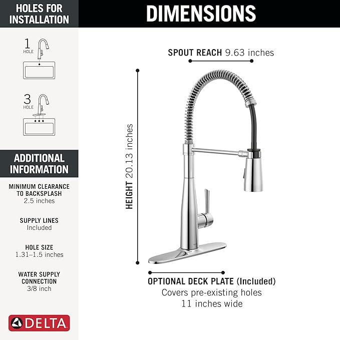 Delta Essa Pro Style Commercial Kitchen Faucet with Pull Down Sprayer, Chrome Single Hole Kitchen Sink Faucet, Single Handle, Chrome 9613-DST
