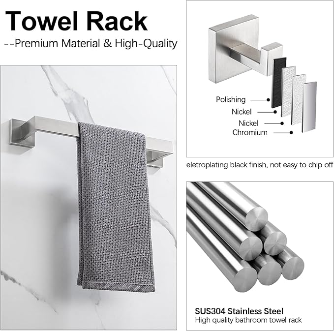 4-Piece Bathroom Hardware Set, Towel Rack Towel Holder Toilet Paper Holder Towel Hooks Towel Bar Set Stainless Steel Towel Rack Accessories Set Wall Mounted, Brushed Nickel 16 Inch