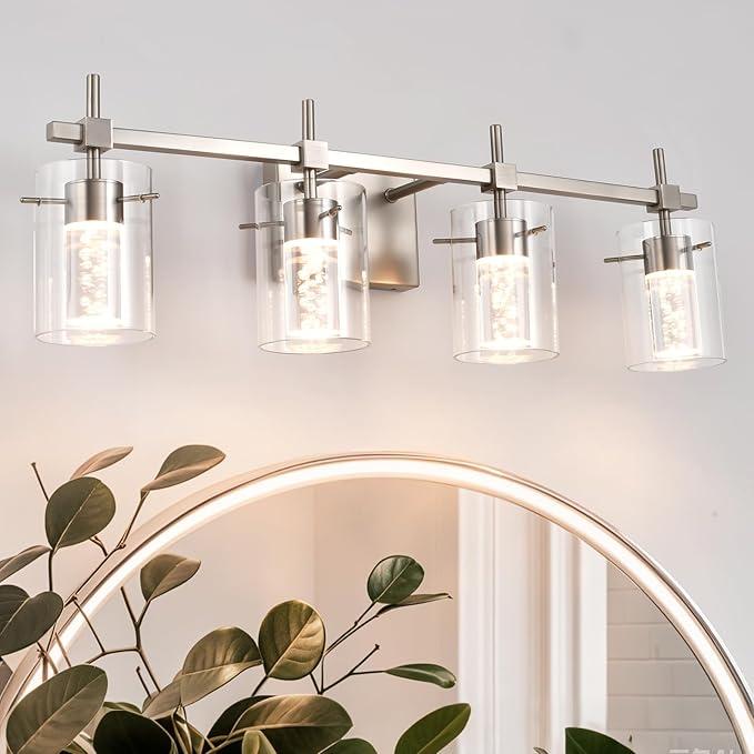 Bathroom Light Fixtures 4-Light, Brushed Nickel Vanity Light Over Mirror Dimmable 3 Color (3000K/4000K/6000K), Eye Protection LED Bathroom Lights Wall lamp Over Mirror with Clear Glass Shade