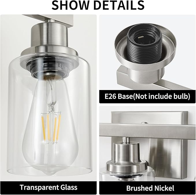 3-Light Bathroom Light Fixtures, Nickel Bathroom Vanity Light with Clear Glass Shade, Modern Bathroom Wall Lights Over Mirror, Farmhouse Wall Sconces Lighting for Bedroom Living Room