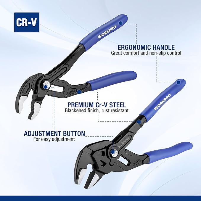 WORKPRO 2-Piece 7-Inch Pliers Wrench & Groove Joint Pliers Set, Quick Adjustment, CR-V Steel, Smooth Jaw & V-Jaw, Upgraded Wide Opening, Soft Grip - for Plumbing, Pipe Fittings, Household Repairs