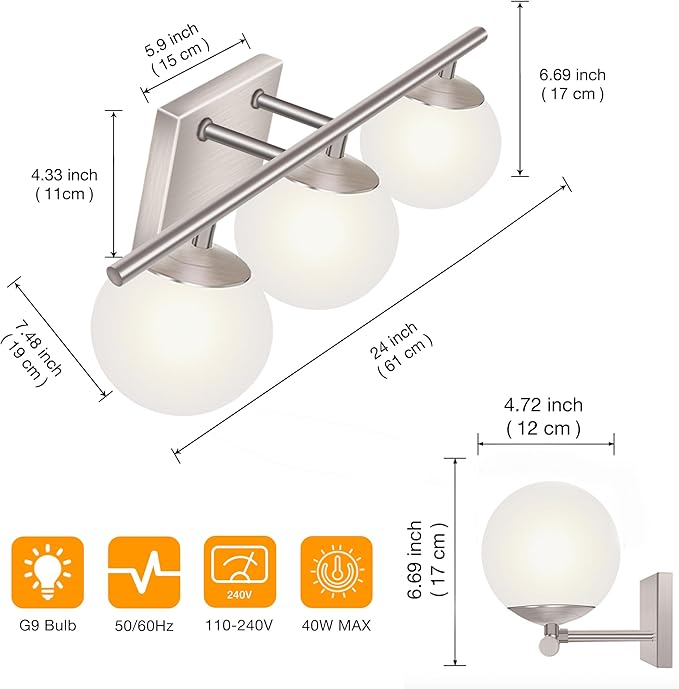 New Bathroom Vanity Light Fixtures 3 Lights Brushed Nickel Glass Shade Modern Wall Bar Sconce Over Mirror