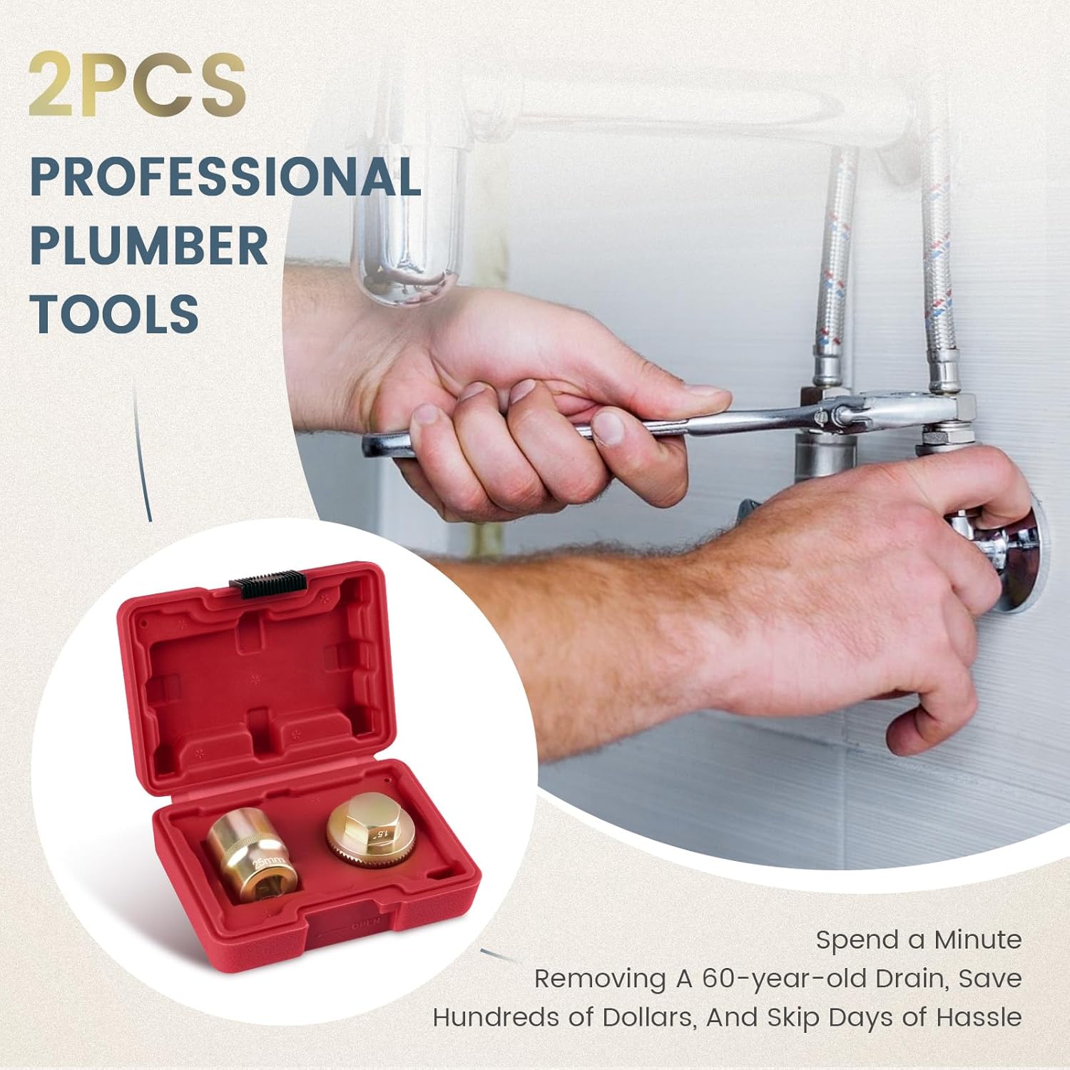 1.5" Tub Drain Removal Tool with 1-inch Socket, Pipe Nipple Extractor for Remove The Old, Broken, Stubborn, Rusted Drain Tub Bathtub Stopper Strong Grab Plumbing Tool with Solid Storage Case