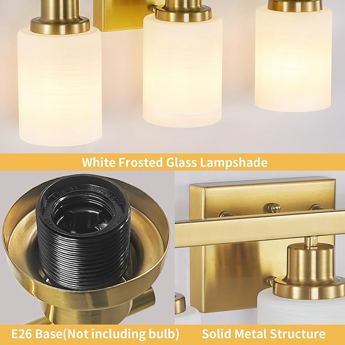 Gold Bathroom Light Fixtures Over Mirror, 2-Light Modern Vanity Lights with White Glass Shade, Bathroom Wall Lamp Sconces for Mirror Bedroom, Living Room Hallway Small Space