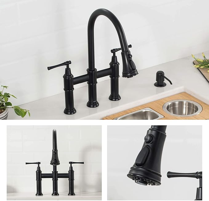 KRAUS Allyn Transitional Bridge Kitchen Faucet with Pull-Down Sprayhead in Matte Black, KPF-3121MB