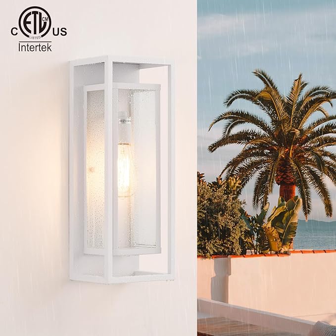 mirrea 18" Classic Outdoor Wall Sconce 1 Light in Rectangular Metal Frame and Clear Glass Shade Waterproof Porch Light Patio Light Pack of 2 (Matte White)